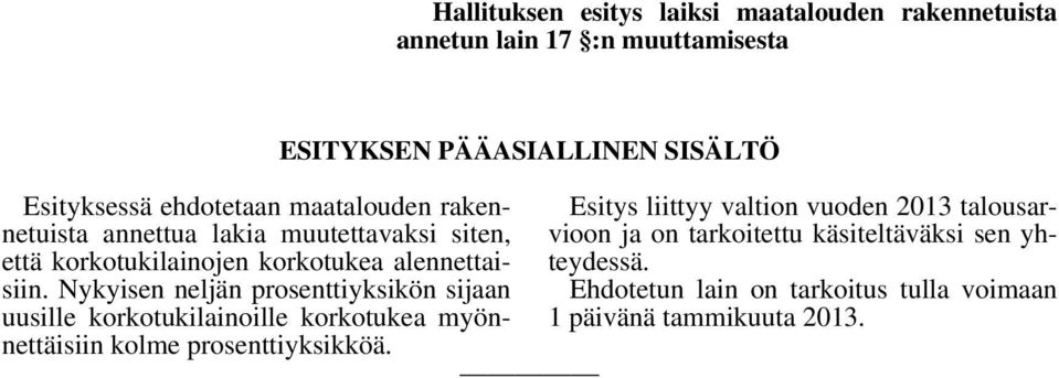 Nykyisen neljän prosenttiyksikön sijaan uusille korkotukilainoille korkotukea myönnettäisiin kolme prosenttiyksikköä.