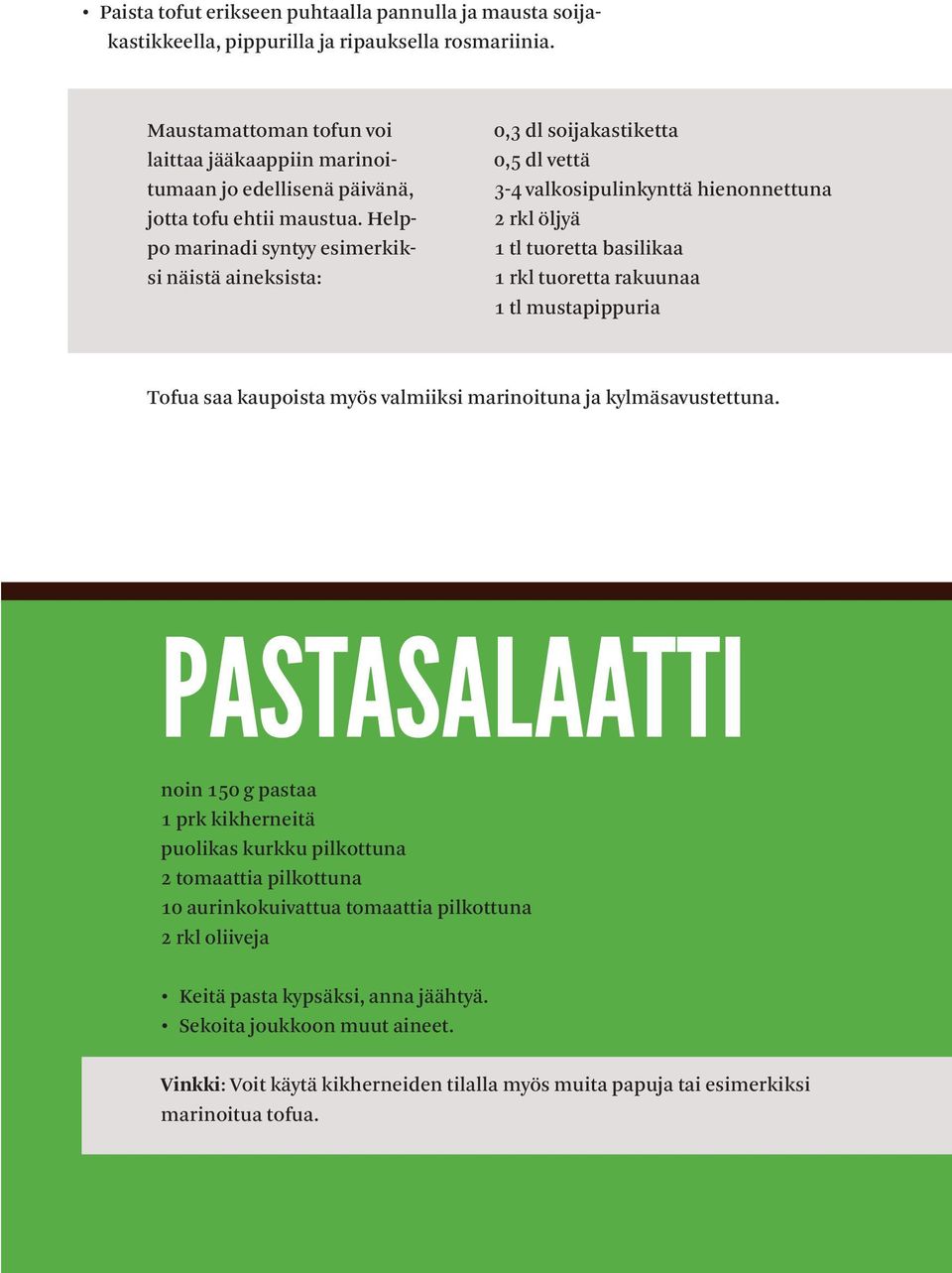 Helppo marinadi syntyy esimerkiksi näistä aineksista: 0,3 dl soijakastiketta 0,5 dl vettä 3-4 valkosipulinkynttä hienonnettuna 2 rkl öljyä 1 tl tuoretta basilikaa 1 rkl tuoretta rakuunaa 1 tl