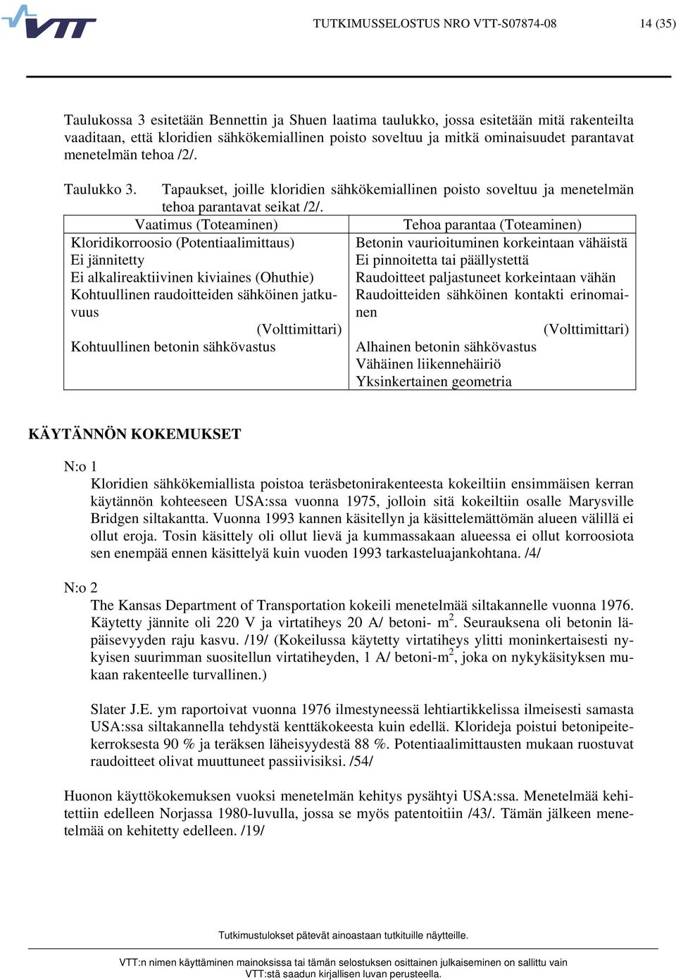Vaatimus (Toteaminen) Tehoa parantaa (Toteaminen) Kloridikorroosio (Potentiaalimittaus) Betonin vaurioituminen korkeintaan vähäistä Ei jännitetty Ei pinnoitetta tai päällystettä Ei alkalireaktiivinen