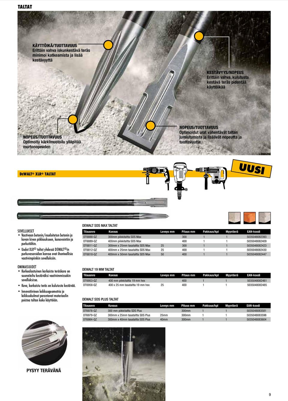 betonin/raudoitetun betonin ja kovan kiven piikkaukseen, kanavointiin ja purkutöihin. Uudet XLR taltat yhdessä DEWALT in purkuvasaroiden kanssa ovat ihanteellisia vaativimpiinkin sovelluksiin.