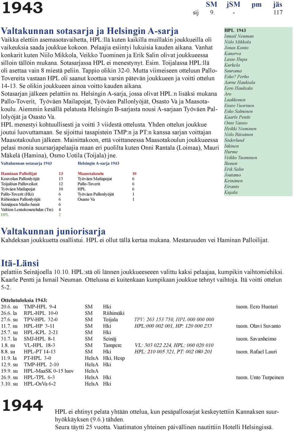 Toijalassa HPL:llä oli asettaa vain 8 miestä peliin. Tappio olikin 32-0. Mutta viimeiseen otteluun Pallo- Tovereita vastaan HPL oli saanut koottua varsin pätevän joukkueen ja voitti ottelun 14-13.