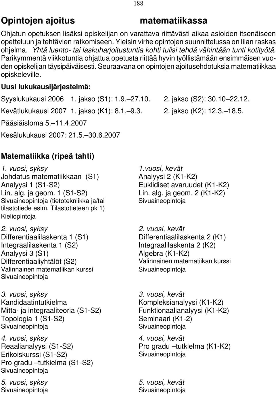 Parikymmentä viikkotuntia ohjattua opetusta riittää hyvin työllistämään ensimmäisen vuoden opiskelijan täysipäiväisesti. Seuraavana on opintojen ajoitusehdotuksia matematiikkaa opiskeleville.