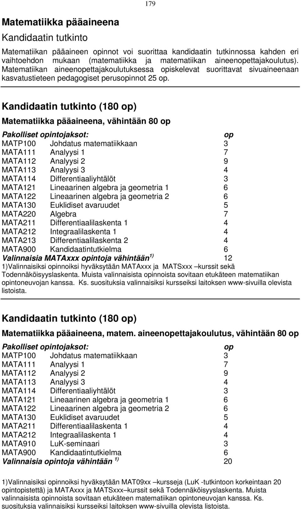 Kandidaatin tutkinto (180 op) Matematiikka pääaineena, vähintään 80 op Pakolliset opintojaksot: op MATP100 Johdatus matematiikkaan 3 MATA111 Analyysi 1 7 MATA112 Analyysi 2 9 MATA113 Analyysi 3 4