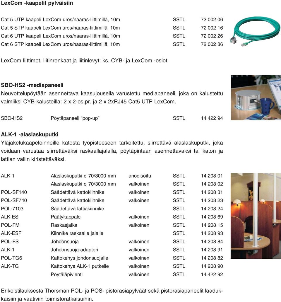 CYB- ja LexCom -osiot SBO-HS2 -mediapaneeli Neuvottelupöytään asennettava kaasujousella varustettu mediapaneeli, joka on kalustettu valmiiksi CYB-kalusteilla: 2 x 2-os.pr.