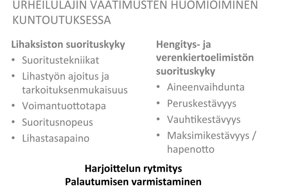 Suoritusnopeus Lihastasapaino HarjoiMelun rytmitys Palautumisen varmistaminen Hengitys-