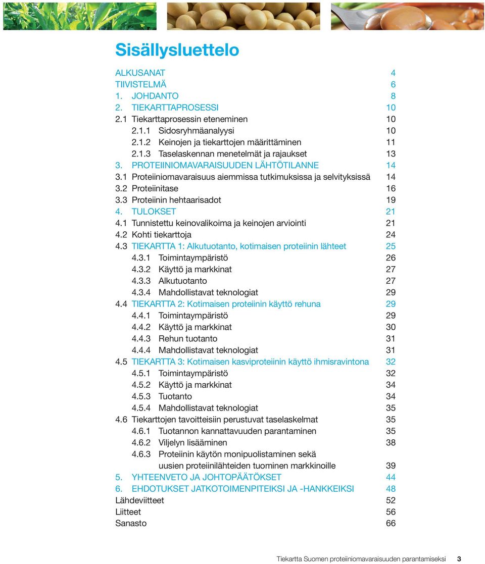 1 Tunnistettu keinovalikoima ja keinojen arviointi 21 4.2 Kohti tiekarttoja 24 4.3 TIEKARTTA 1: Alkutuotanto, kotimaisen proteiinin lähteet 25 4.3.1 Toimintaympäristö 26 4.3.2 Käyttö ja markkinat 27 4.