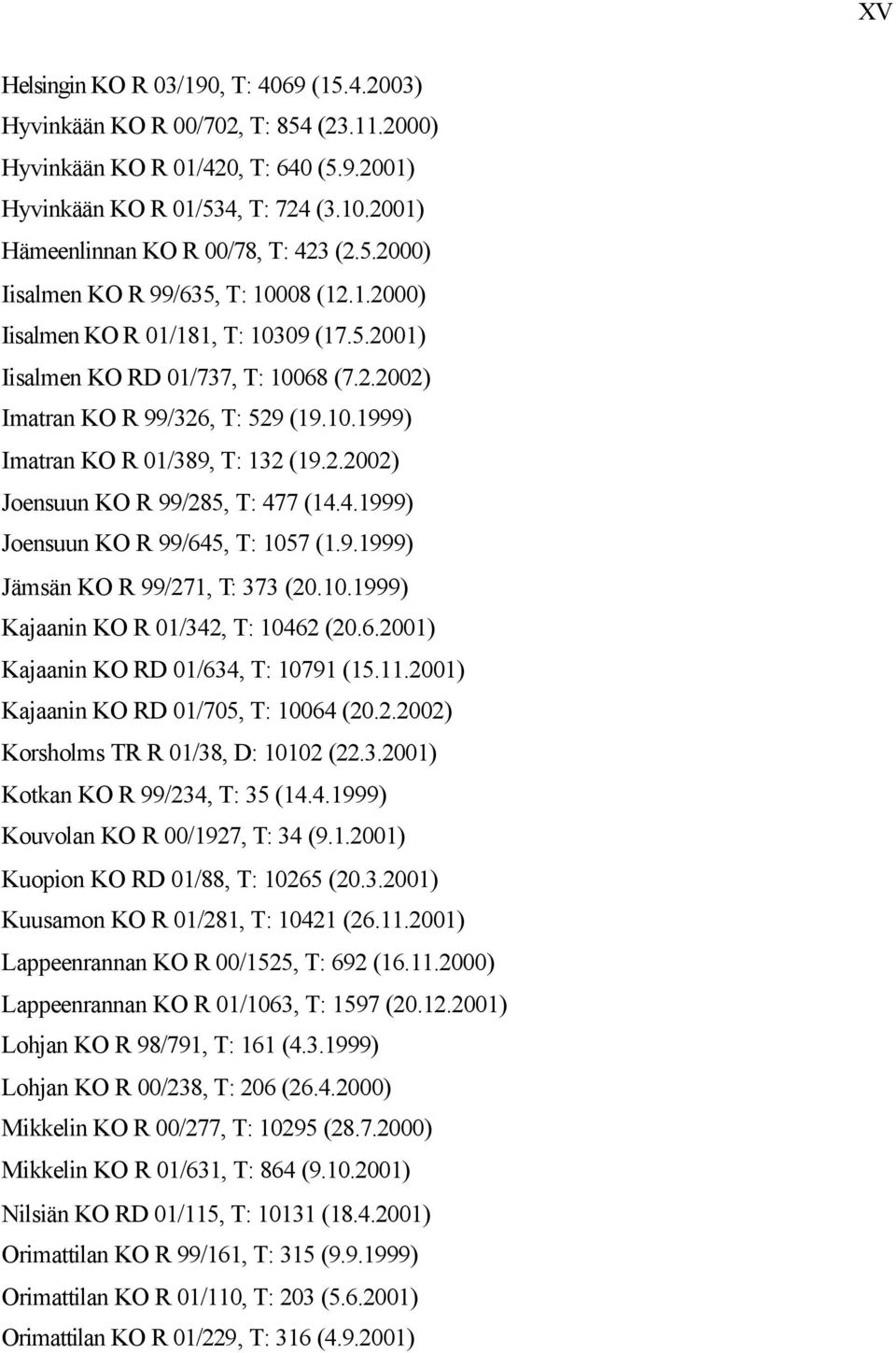 10.1999) Imatran KO R 01/389, T: 132 (19.2.2002) Joensuun KO R 99/285, T: 477 (14.4.1999) Joensuun KO R 99/645, T: 1057 (1.9.1999) Jämsän KO R 99/271, T: 373 (20.10.1999) Kajaanin KO R 01/342, T: 10462 (20.