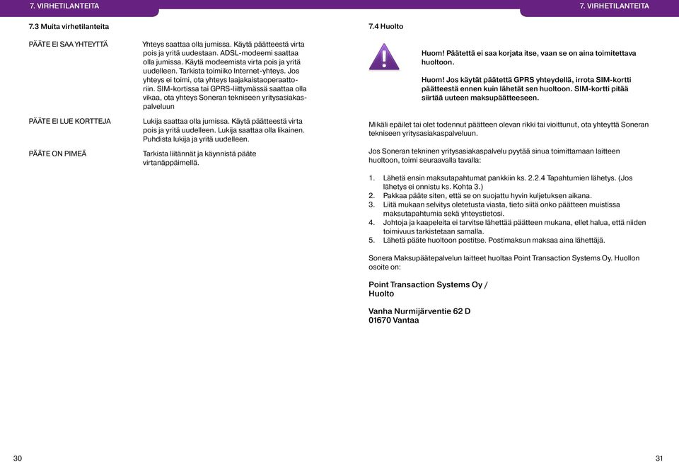 Jos yhteys ei toimi, ota yhteys laajakaistaoperaattoriin. SIM-kortissa tai GPRS-liittymässä saattaa olla vikaa, ota yhteys Soneran tekniseen yritysasiakaspalveluun Lukija saattaa olla jumissa.