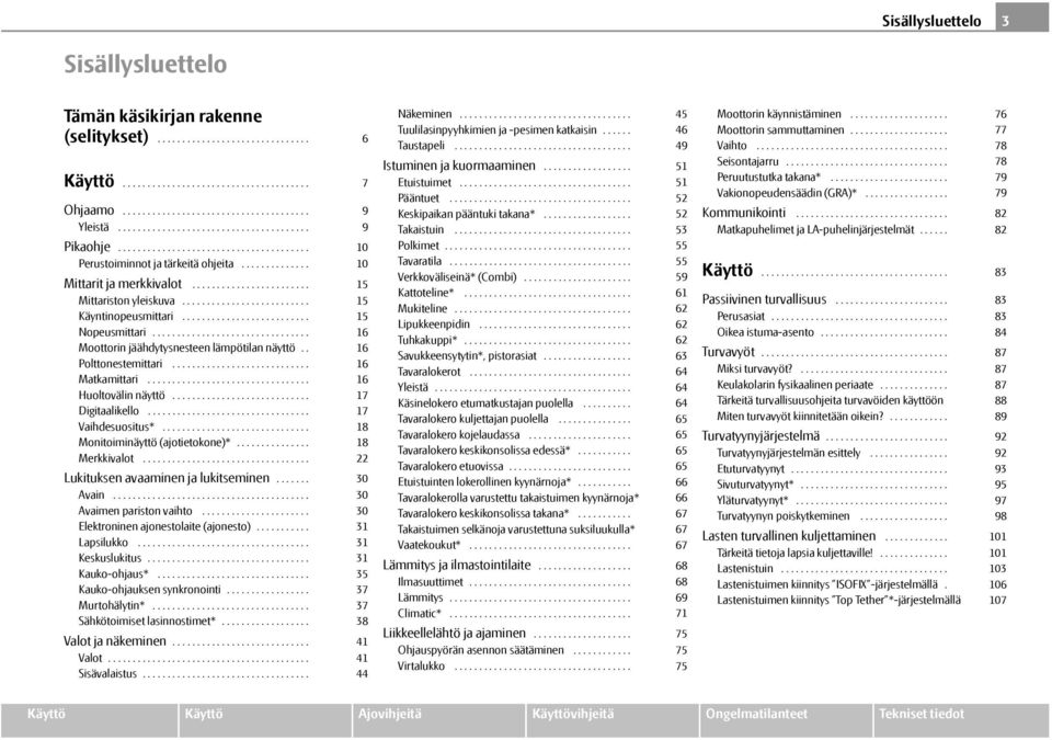 ......................... Käyntinopeusmittari.......................... Nopeusmittari................................ Moottorin jäähdytysnesteen lämpötilan näyttö.. Polttonestemittari............................ Matkamittari.