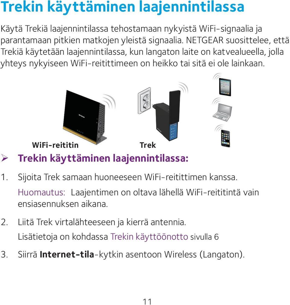 WiFi-reititin Trek ¾ Trekin käyttäminen laajennintilassa: 1. Sijoita Trek samaan huoneeseen WiFi-reitittimen kanssa.