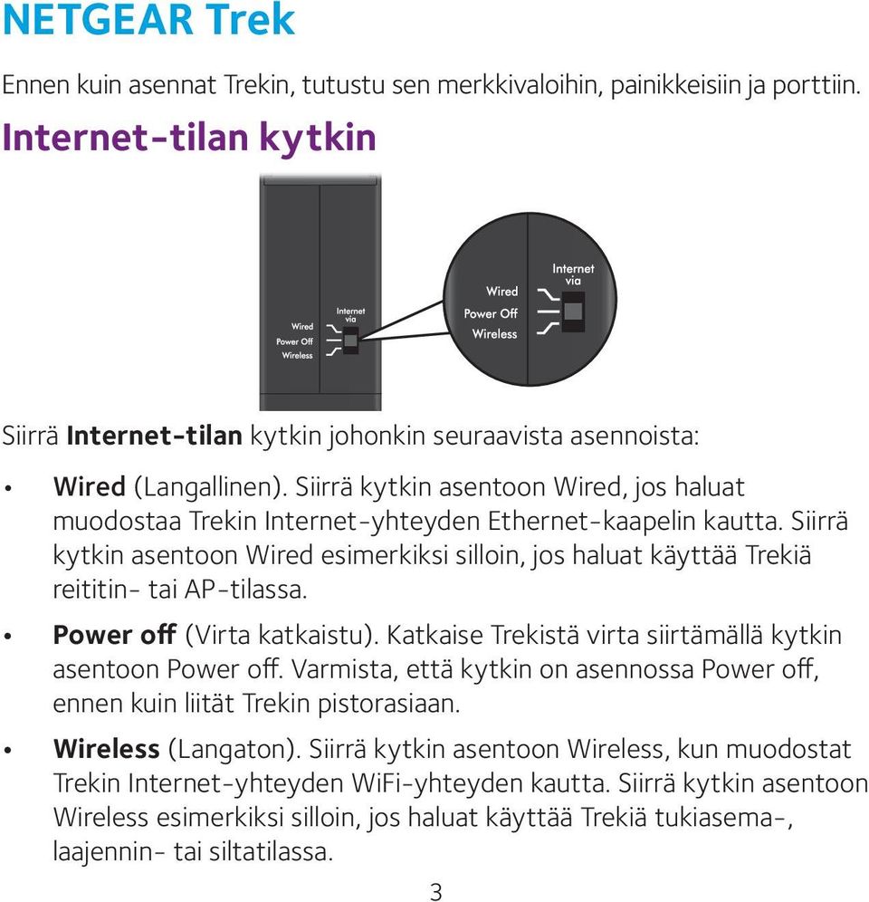 Siirrä kytkin asentoon Wired esimerkiksi silloin, jos haluat käyttää Trekiä reititin- tai AP-tilassa. Power off (Virta katkaistu). Katkaise Trekistä virta siirtämällä kytkin asentoon Power off.