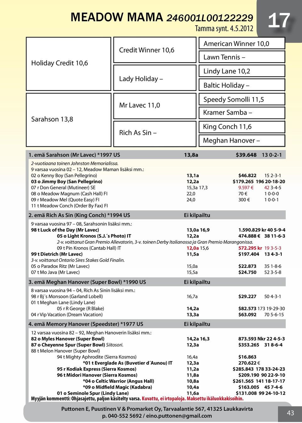 King Conch 11,6 Meghan Hanover 1. emä Sarahson (Mr Lavec) *1997 US 13,8a $39.648 13 0-2-1 2-vuotiaana toinen Johnston Memorialissa. 9 varsaa vuosina 02 12, Meadow Maman lisäksi mm.