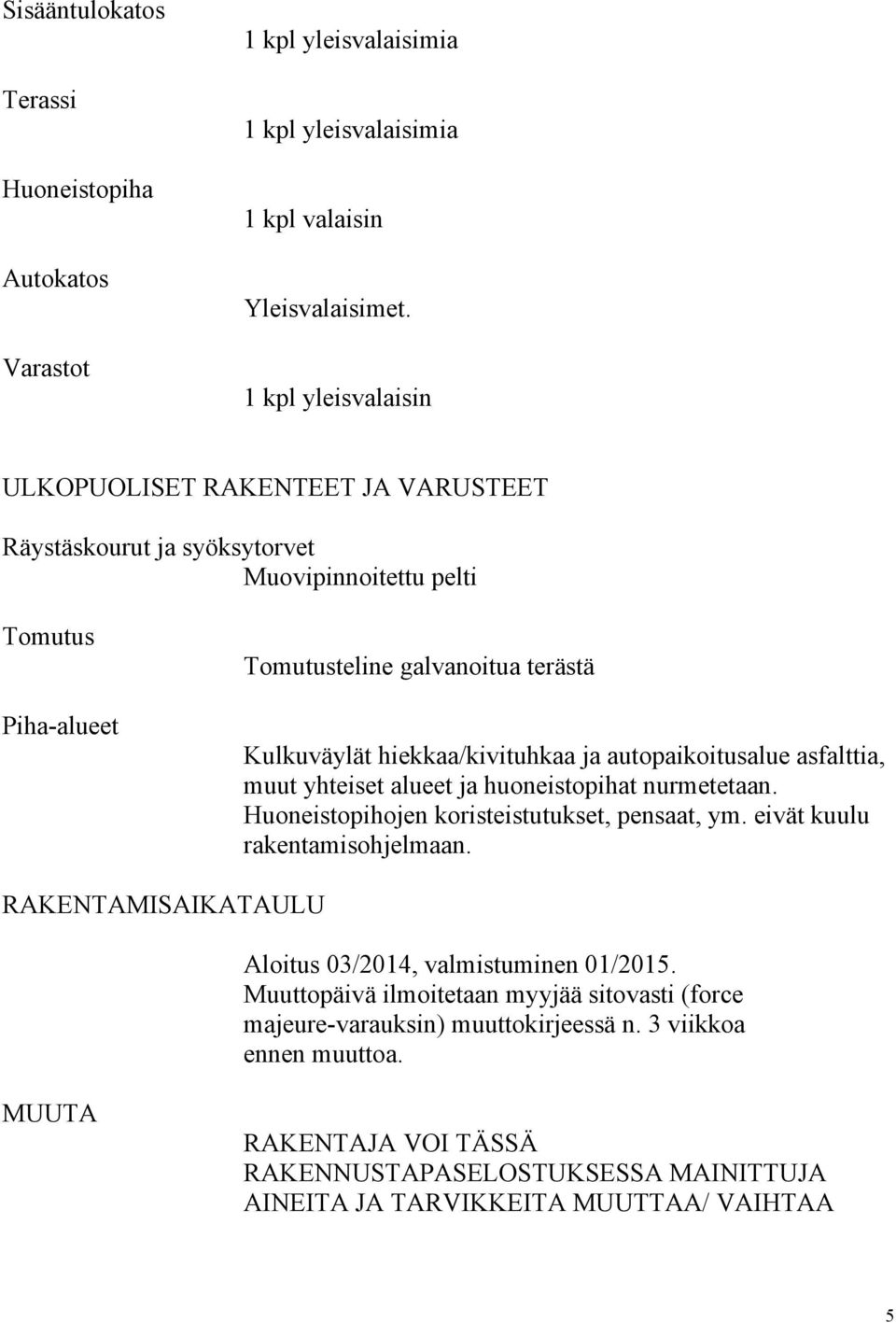 hiekkaa/kivituhkaa ja autopaikoitusalue asfalttia, muut yhteiset alueet ja huoneistopihat nurmetetaan. Huoneistopihojen koristeistutukset, pensaat, ym. eivät kuulu rakentamisohjelmaan.