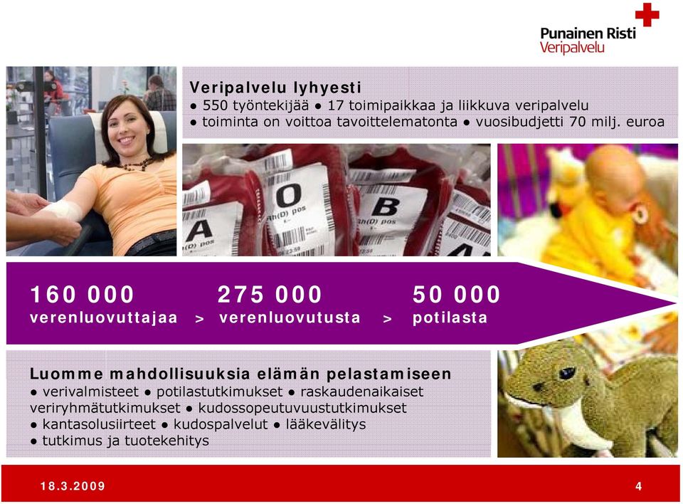 euroa 160 000 275 000 50 000 verenluovuttajaa > verenluovutusta t > potilasta t Luomme mahdollisuuksia s a elämän ä
