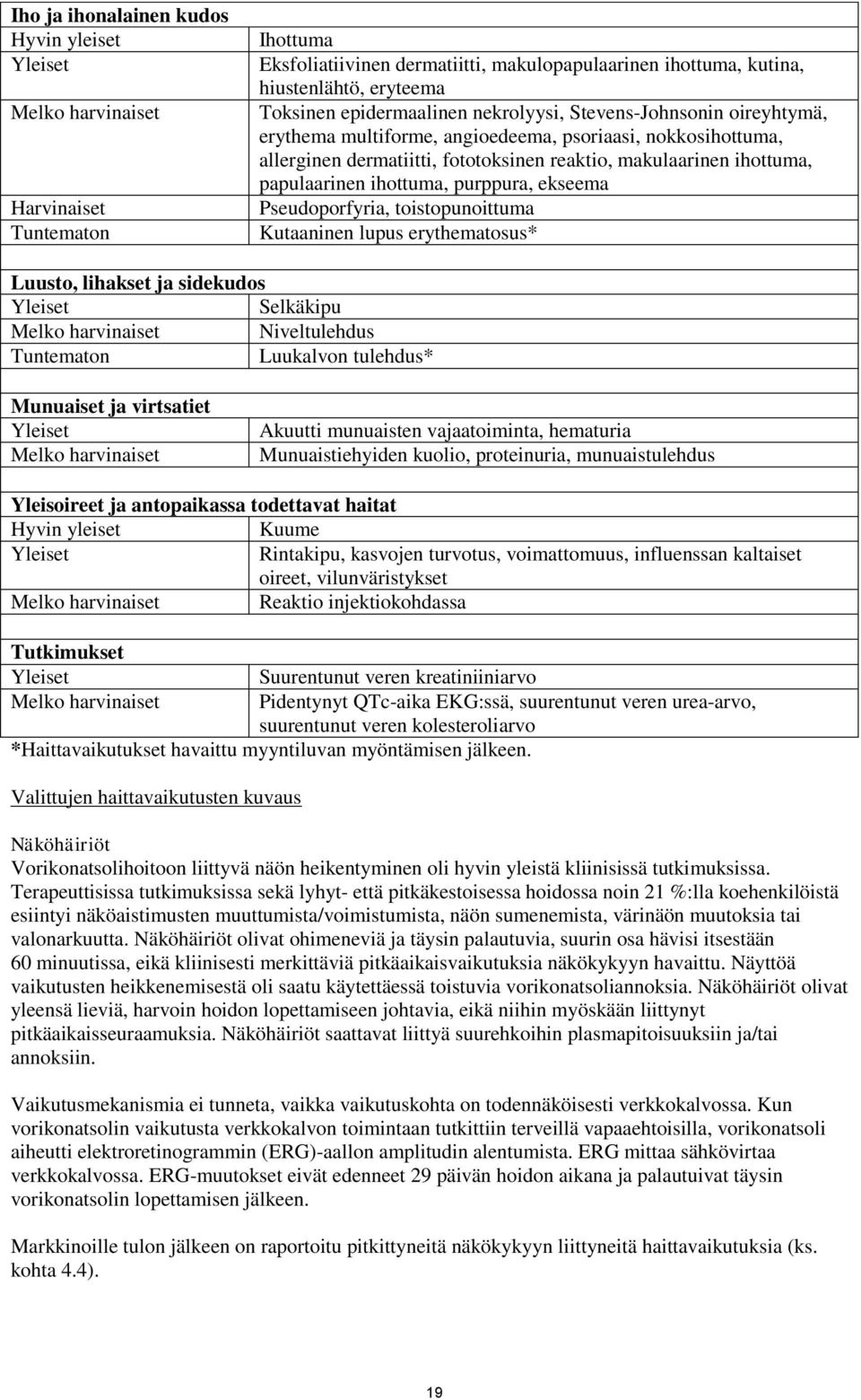 ihottuma, purppura, ekseema Pseudoporfyria, toistopunoittuma Kutaaninen lupus erythematosus* Luusto, lihakset ja sidekudos Yleiset Selkäkipu Melko harvinaiset Niveltulehdus Tuntematon Luukalvon