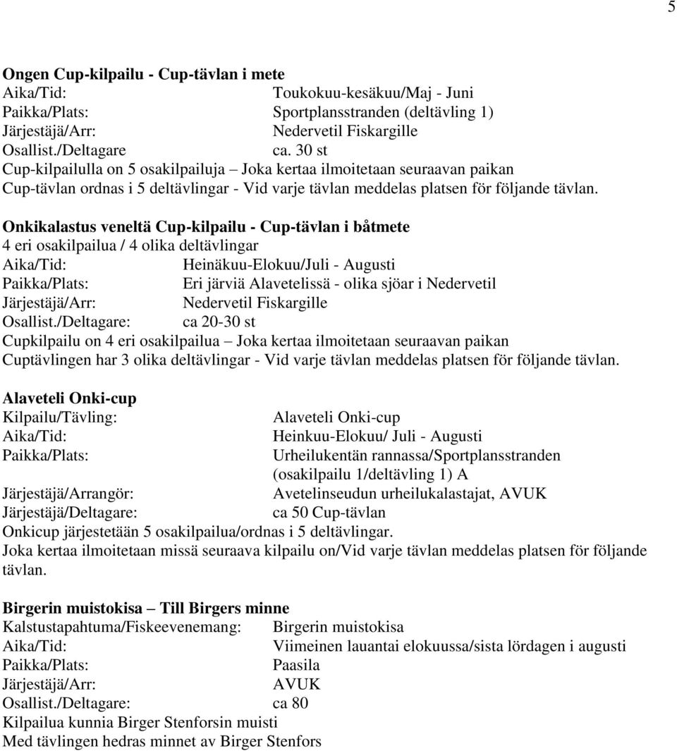 Onkikalastus veneltä Cup-kilpailu - Cup-tävlan i båtmete 4 eri osakilpailua / 4 olika deltävlingar Heinäkuu-Elokuu/Juli - Augusti Eri järviä Alavetelissä - olika sjöar i Nedervetil Nedervetil