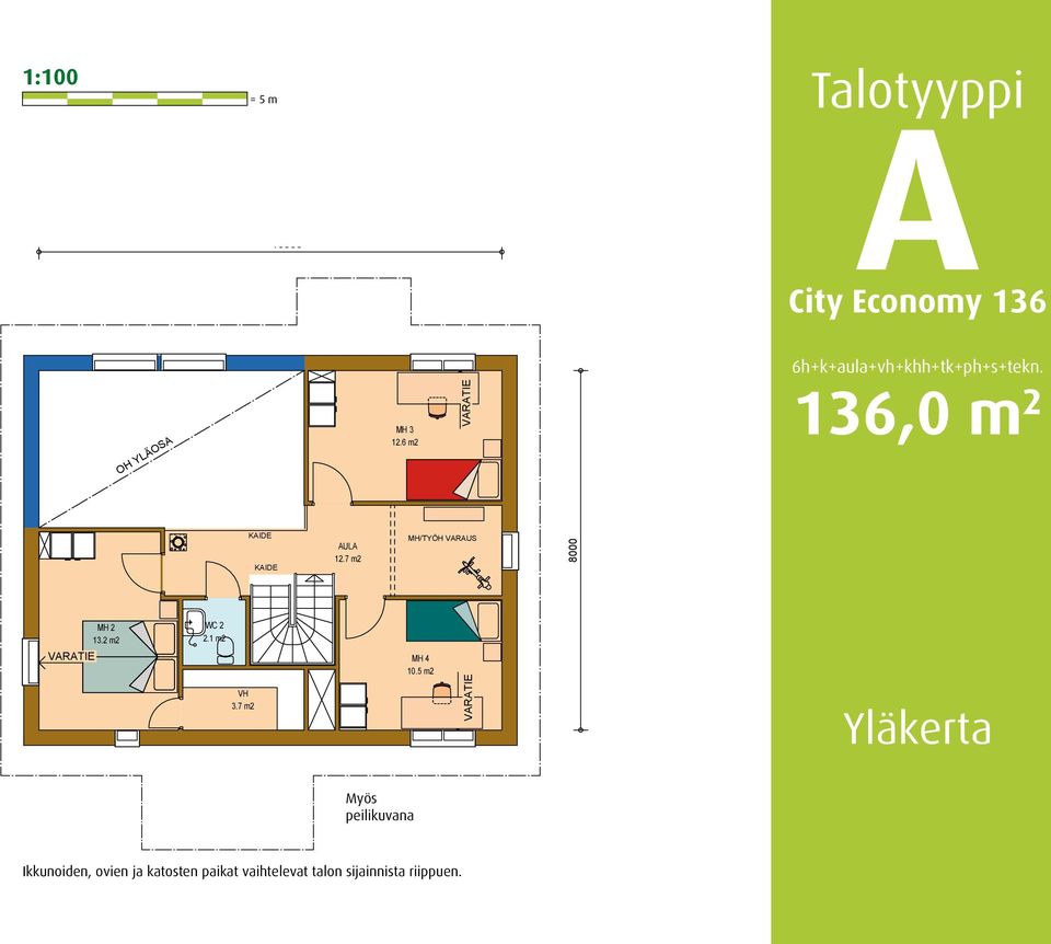 7 m2 MH/TYÖH VARAUS 8000 MH 2 13.2 m2 WC 2 2.1 m2 VH 3.7 m2 MH 4 10.