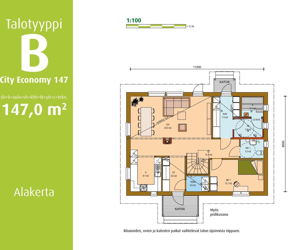 1 m2 WC 1 3.2 m2 8000 JK AP Alakerta K 8.7 m2 ET 5.5 m2 RK TEKN 2.6 m2 LVV KP IV MH 1 12.