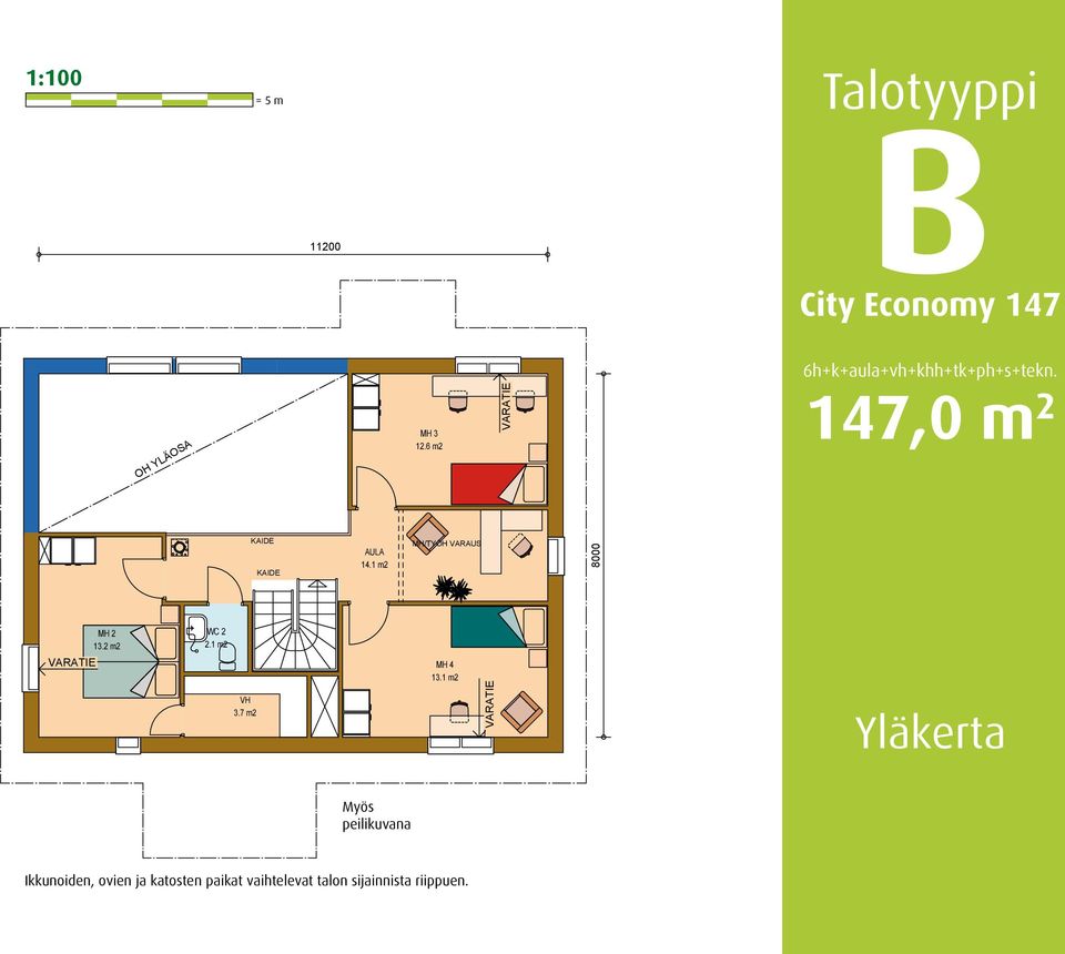 1 m2 MH/TYÖH VARAUS 8000 MH 2 13.2 m2 WC 2 2.1 m2 VH 3.7 m2 MH 4 13.