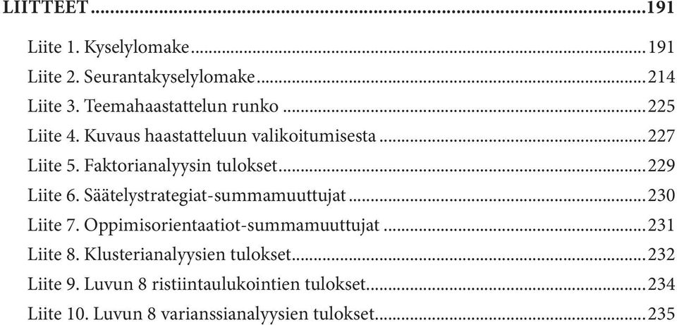 Säätelystrategiat-summamuuttujat...230 Liite 7. Oppimisorientaatiot-summamuuttujat...231 Liite 8.