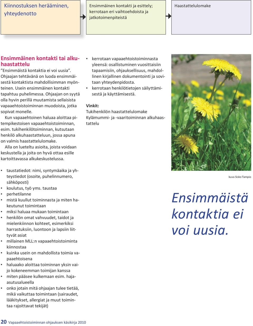 Ohjaajan on syytä olla hyvin perillä muutamista sellaisista vapaaehtoistoiminnan muodoista, jotka sopivat monelle. Kun vapaaehtoinen haluaa aloittaa pitempikestoisen vapaaehtoistoiminnan, esim.