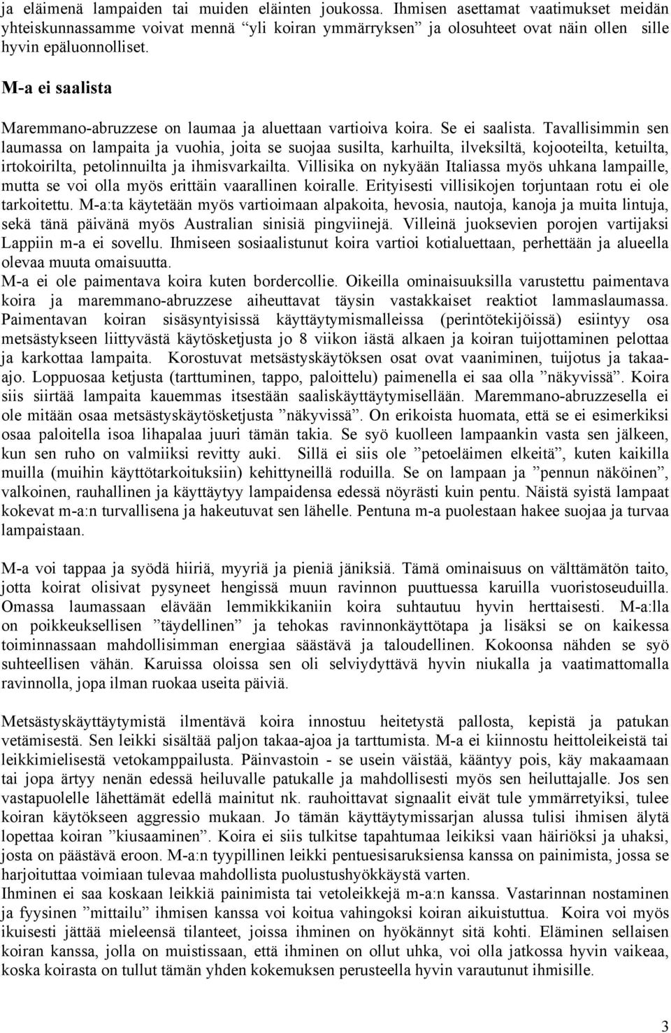 M-a ei saalista Maremmano-abruzzese on laumaa ja aluettaan vartioiva koira. Se ei saalista.