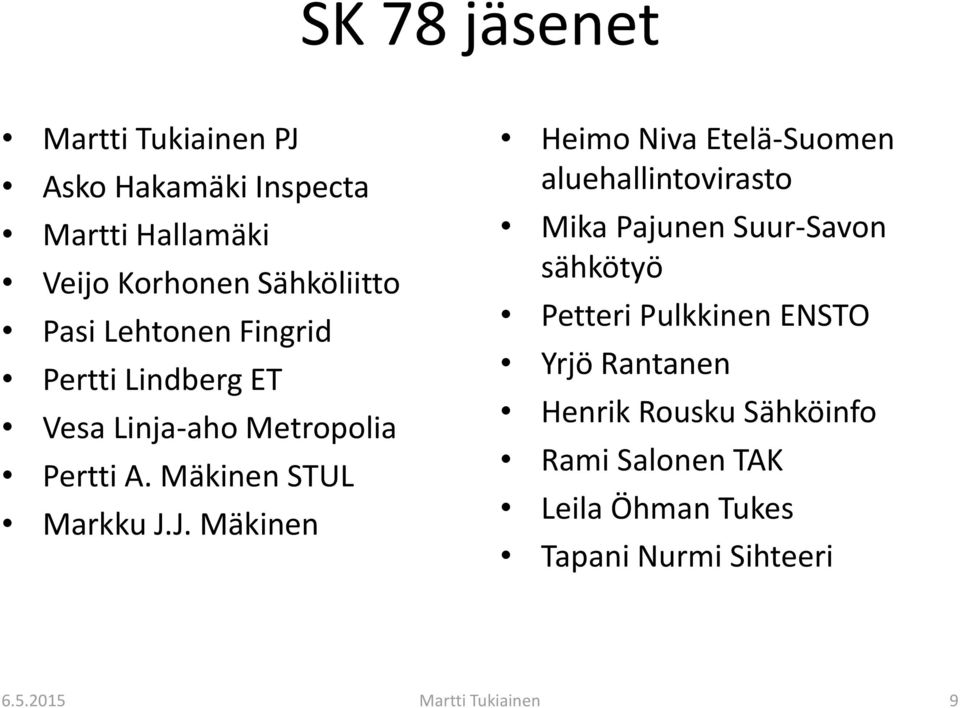 J. Mäkinen Heimo Niva Etelä-Suomen aluehallintovirasto Mika Pajunen Suur-Savon sähkötyö Petteri Pulkkinen