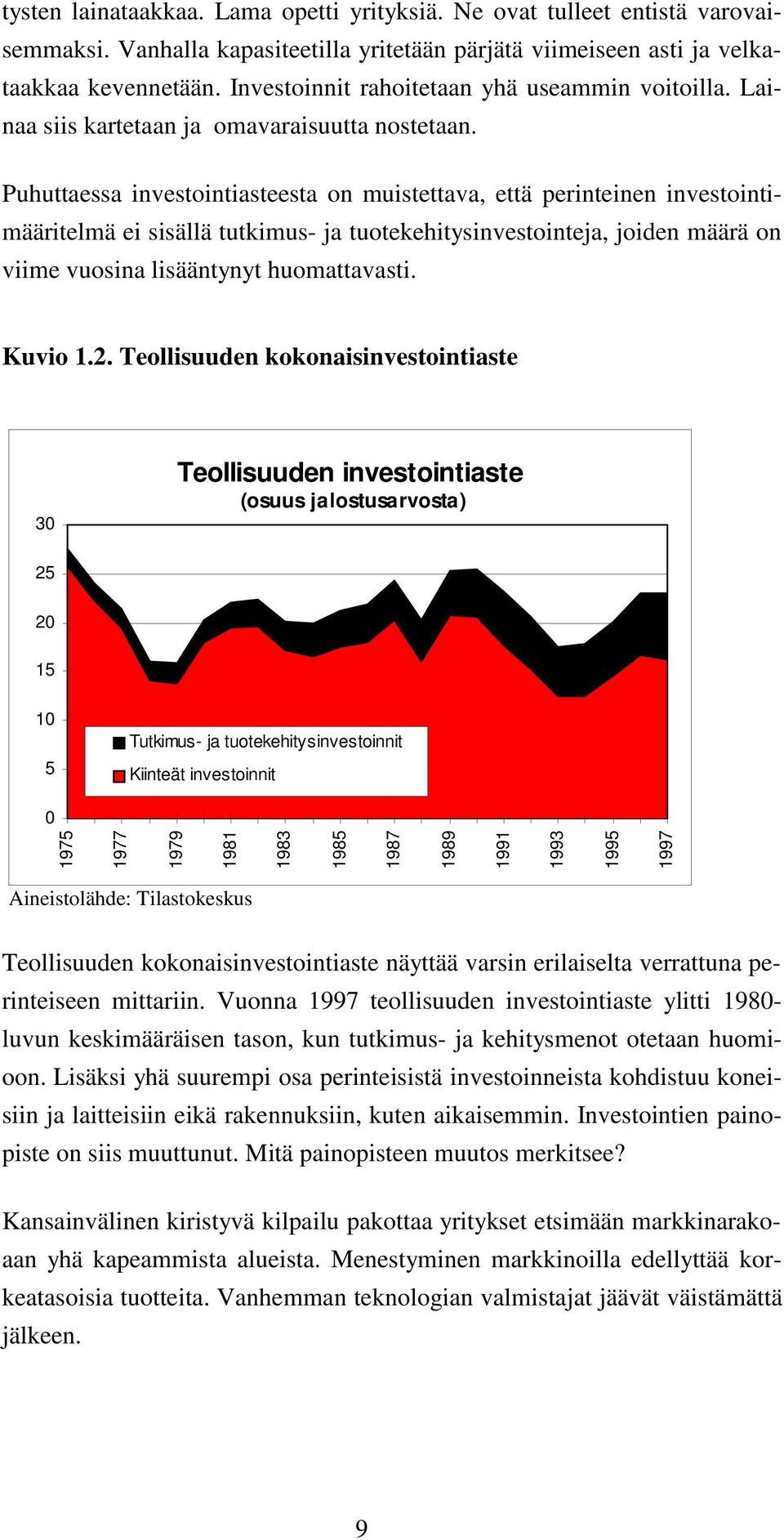 Puhuttaessa investointiasteesta on muistettava, että perinteinen investointimääritelmä ei sisällä tutkimus- ja tuotekehitysinvestointeja, joiden määrä on viime vuosina lisääntynyt huomattavasti.
