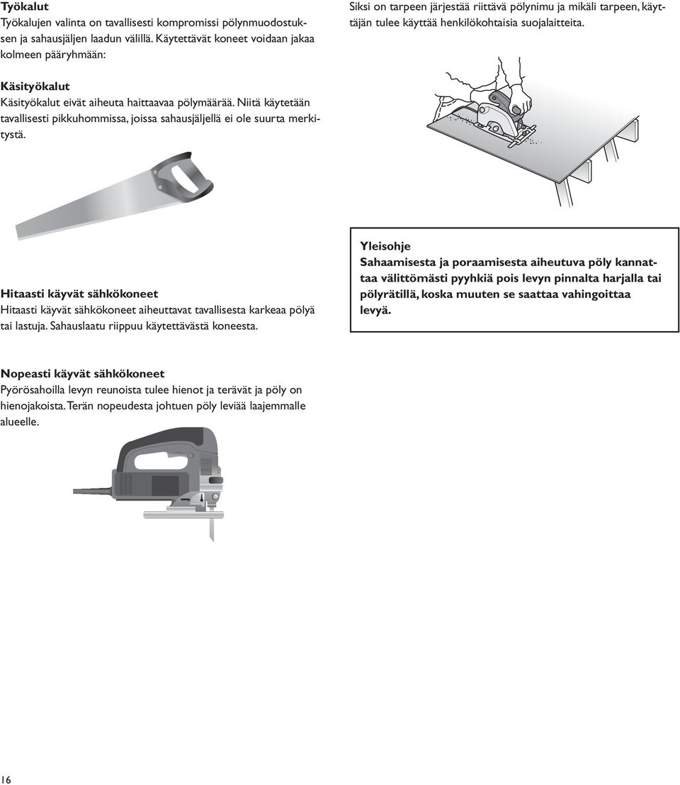 Käsityökalut Käsityökalut eivät aiheuta haittaavaa pölymäärää. Niitä käytetään tavallisesti pikkuhommissa, joissa sahausjäljellä ei ole suurta merkitystä.