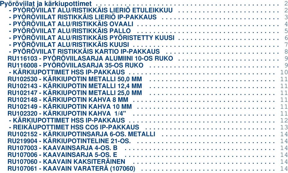 .. 9 - KÄRKIUPOTTIMET HSS IP-PAKKAUS... 10 RU102530 - METALLI 50,0 MM... 11 RU102143 - METALLI 12,4 MM... 11 RU102147 - METALLI 25,0 MM... 11 RU102148 - KAHVA 8 MM... 11 RU102149 - KAHVA 10 MM.