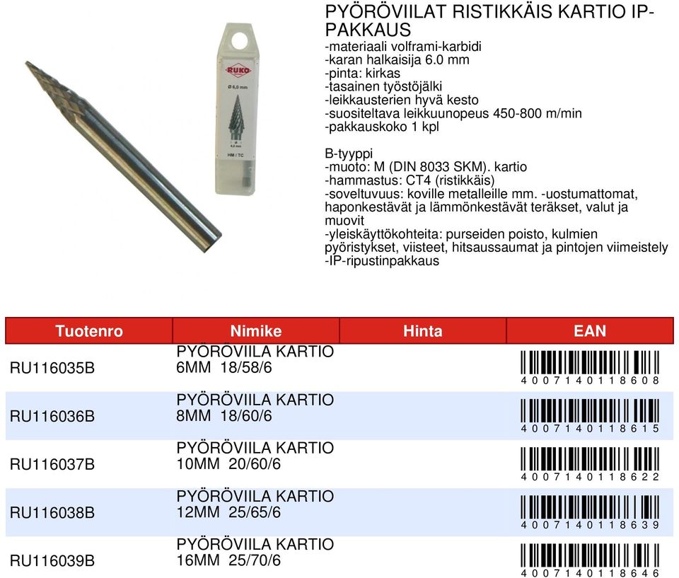 kartio -hammastus: CT4 (ristikkäis) -soveltuvuus: koville metalleille mm.