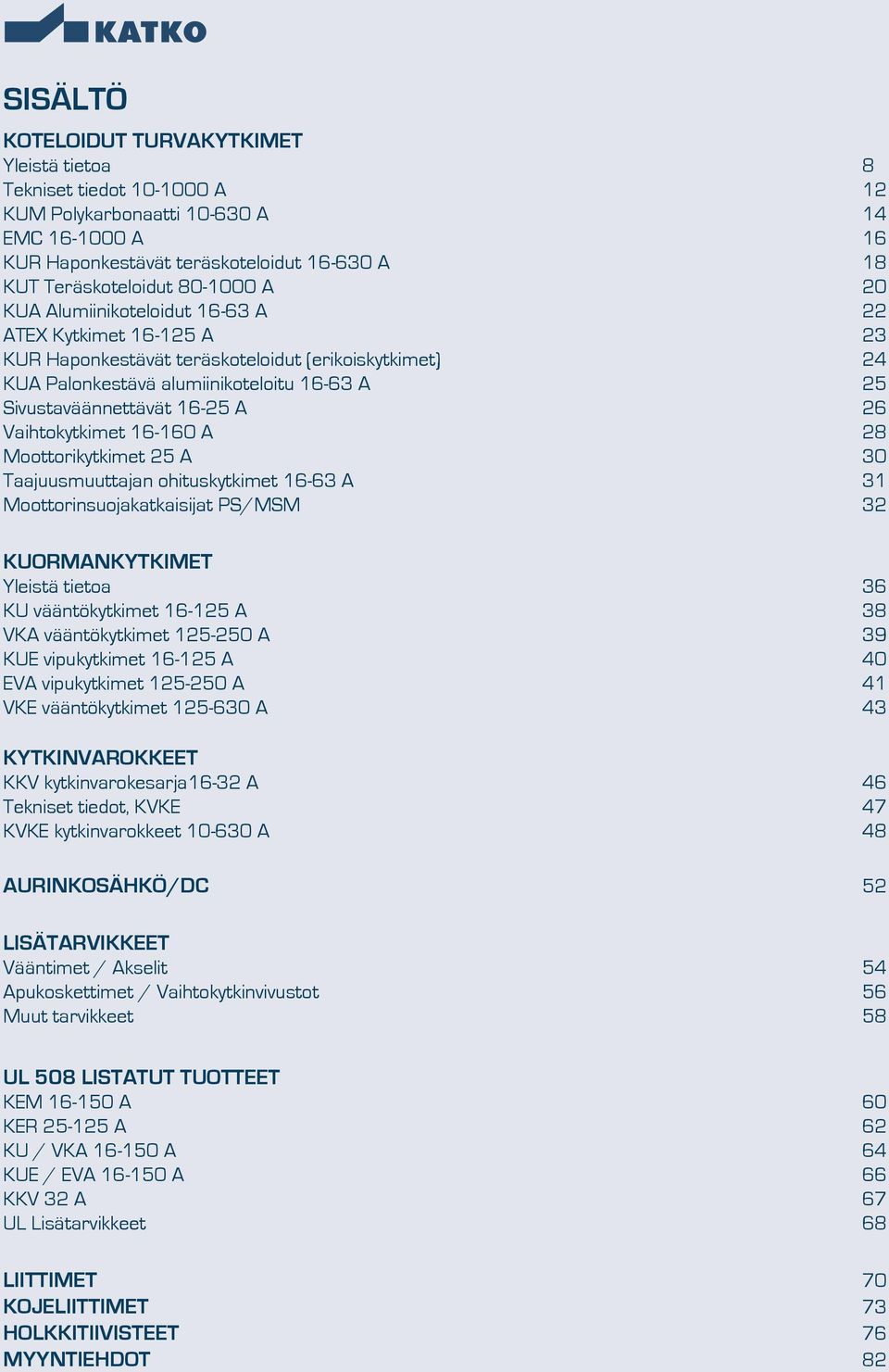 A 26 Vaihtokytkimet 16-160 A 28 Moottorikytkimet 25 A 30 Taajuusmuuttajan ohituskytkimet 16-63 A 31 Moottorinsuojakatkaisijat PS/MSM 32 KUORMANKYTKIMET Yleistä tietoa 36 KU vääntökytkimet 16-125 A 38