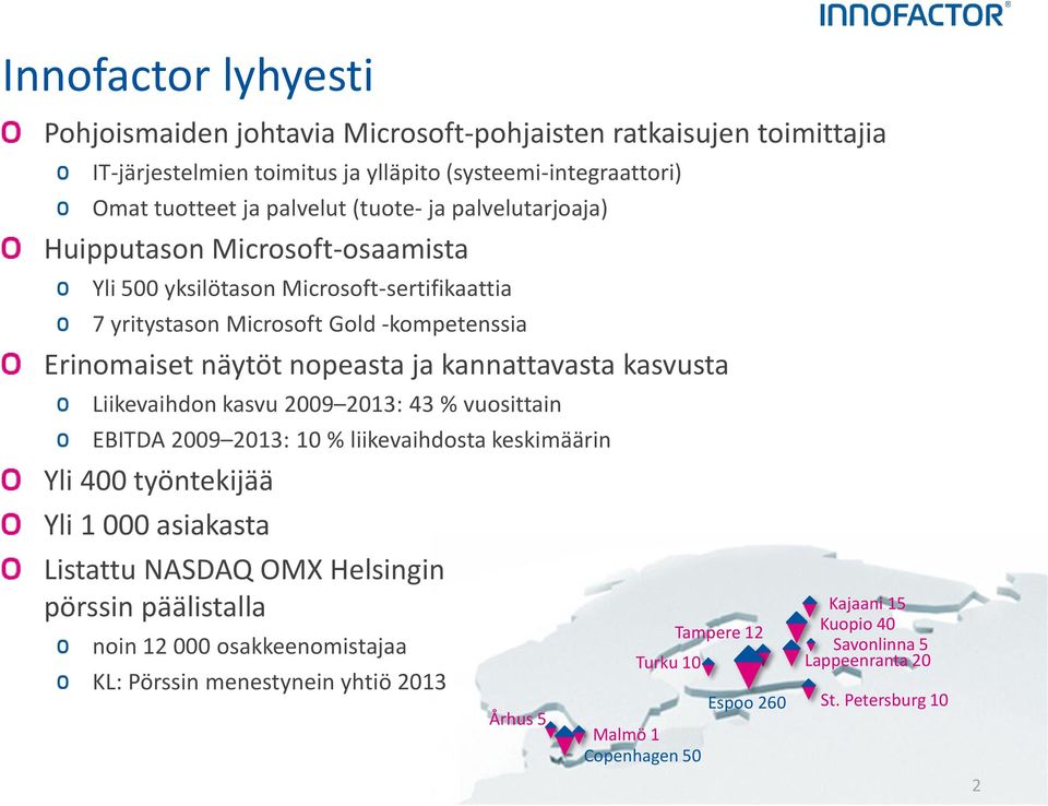 kasvusta Liikevaihdon kasvu 2009 2013: 43 % vuosittain EBITDA 2009 2013: 10 % liikevaihdosta keskimäärin Yli 400 työntekijää Yli 1 000 asiakasta Listattu NASDAQ OMX Helsingin pörssin