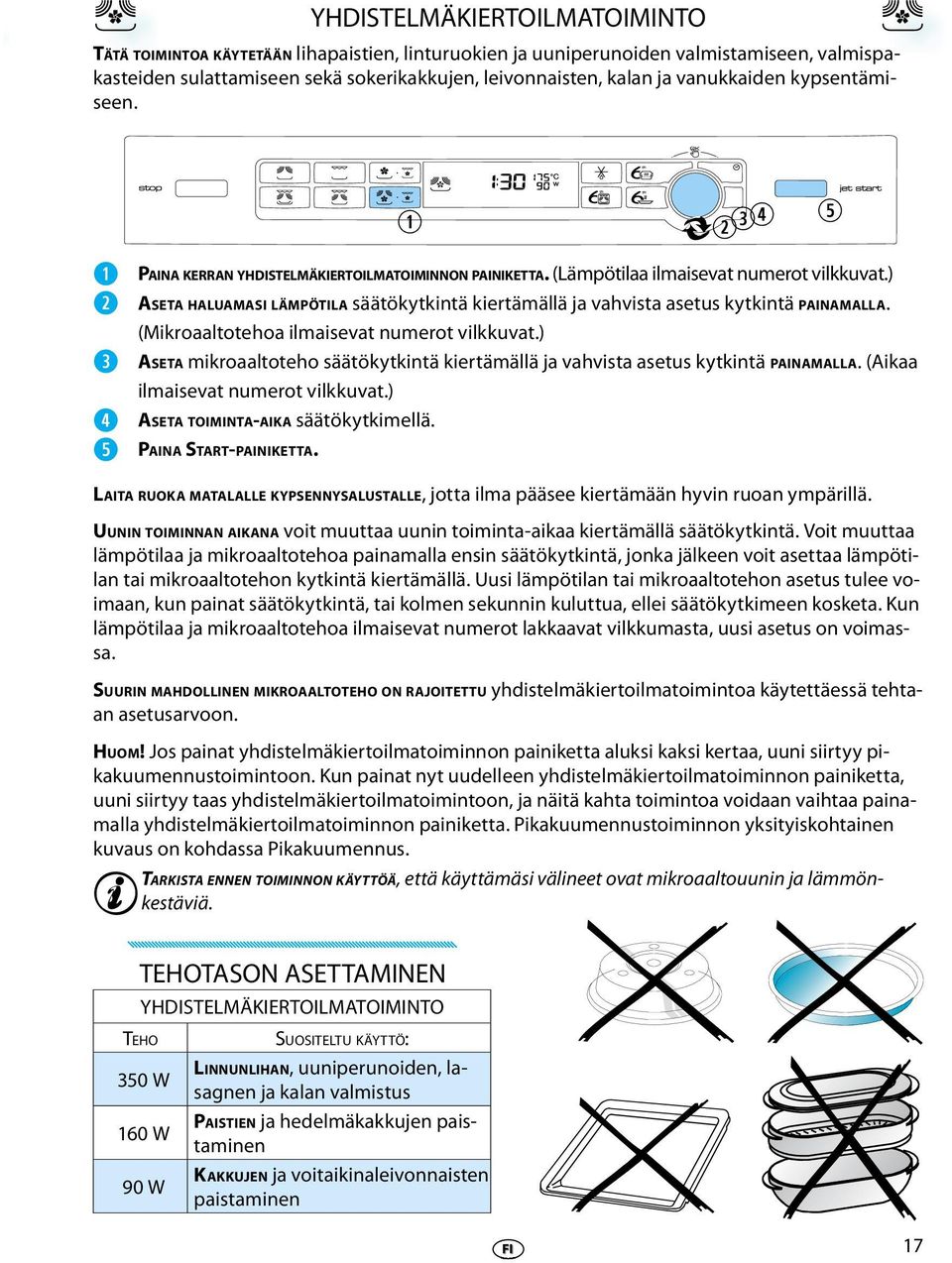 (Mikroaaltothoa ilmaisvat numrot vilkkuvat.) ASETA mikroaaltotho säätökytkintä kirtämällä ja vahvista astus kytkintä PAINAMALLA. (Aikaa ilmaisvat numrot vilkkuvat.) ASETA TOIMINTA-AIKA säätökytkimllä.