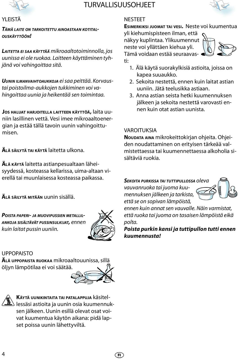 JOS HALUAT HARJOITELLA LAITTEEN KÄYTTÖÄ, laita uuniin lasillinn vttä. Vsi im mikroaaltonrgian ja stää tällä tavoin uunin vahingoittumisn. ÄLÄ SÄILYTÄ TAI KÄYTÄ laittta ulkona.