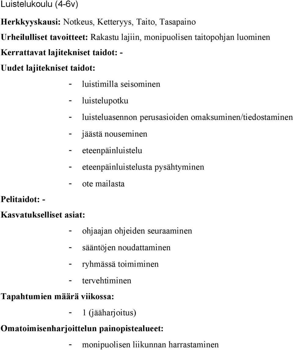 omaksuminen/tiedostaminen - jäästä nouseminen - eteenpäinluistelu - eteenpäinluistelusta pysähtyminen - ote