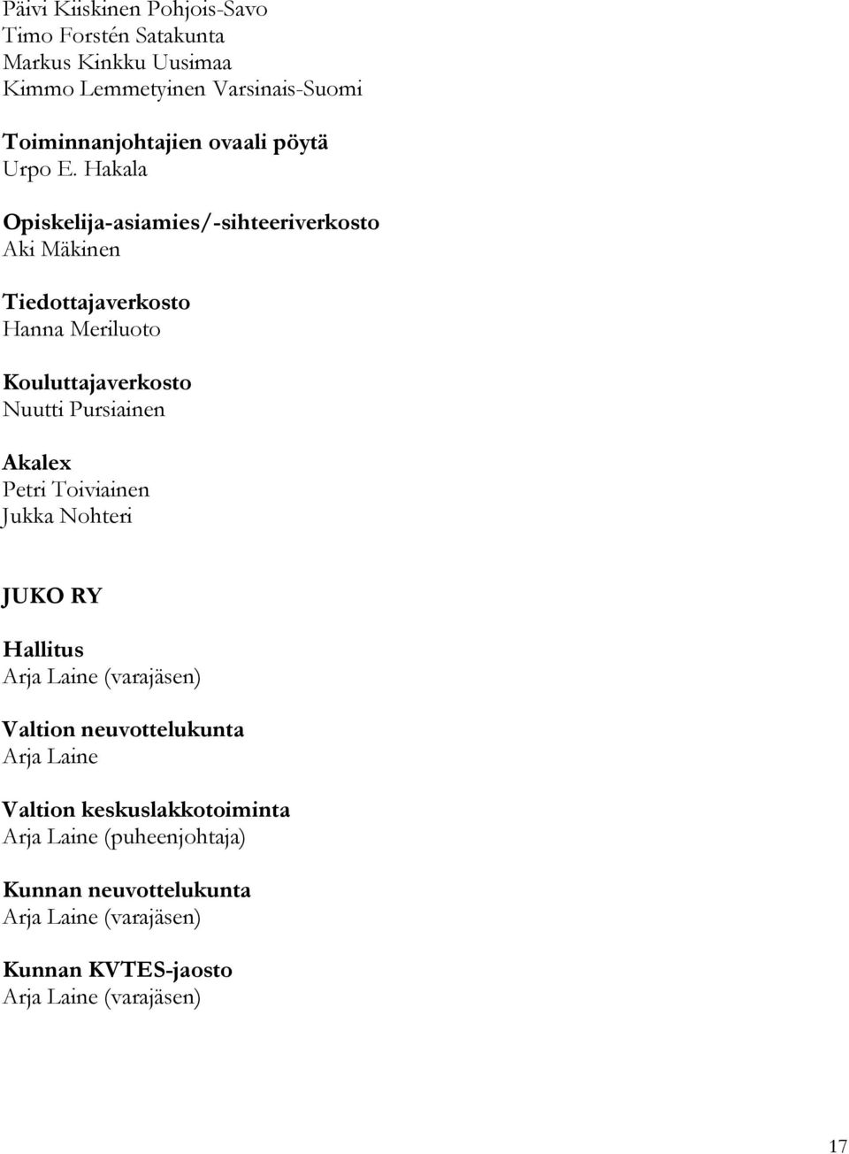 Hakala Opiskelija-asiamies/-sihteeriverkosto Aki Mäkinen Tiedottajaverkosto Hanna Meriluoto Kouluttajaverkosto Nuutti Pursiainen