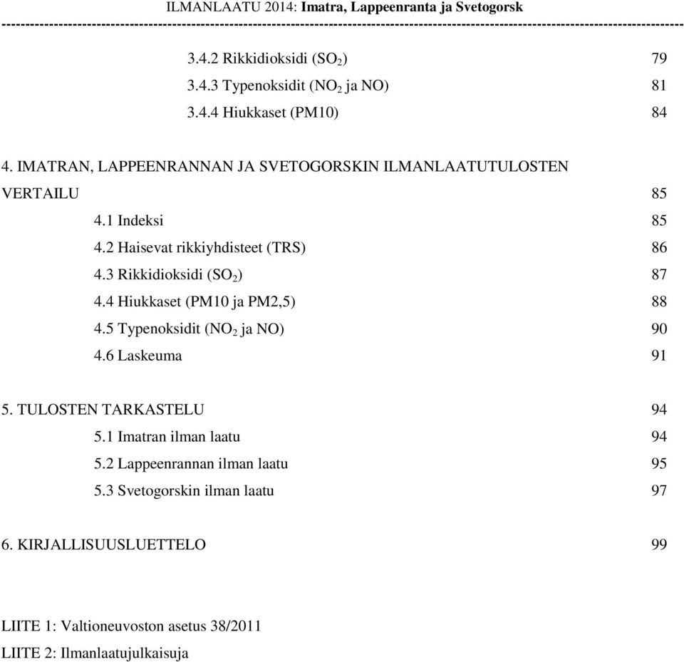 4.4 Hiukkaset (PM10) 84 4. IMATRAN, LAPPEENRANNAN JA SVETOGORSKIN ILMANLAATUTULOSTEN VERTAILU 85 4.1 Indeksi 85 4.2 Haisevat rikkiyhdisteet (TRS) 86 4.3 Rikkidioksidi (SO 2 ) 87 4.