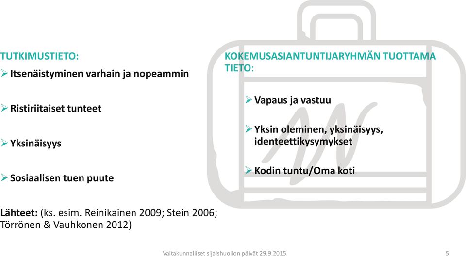 oleminen, yksinäisyys, identeettikysymykset Kodin tuntu/oma koti Lähteet: (ks. esim.