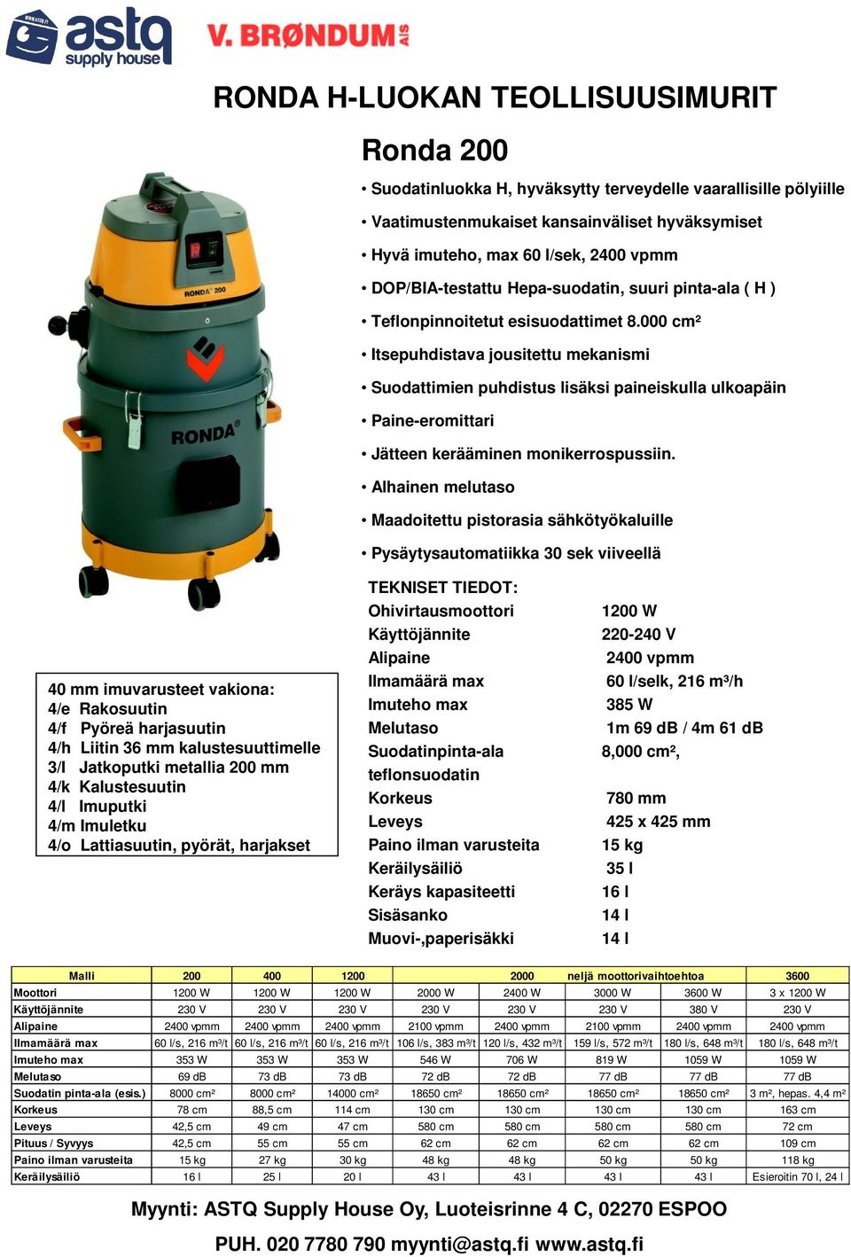 Maadoitettu pistorasia sähkötyökaluille Pysäytysautomatiikka 30 sek viiveellä 40 mm imuvarusteet vakiona: 4/e Rakosuutin 4/f Pyöreä harjasuutin 4/h Liitin 36 mm kalustesuuttimelle 3/I Jatkoputki