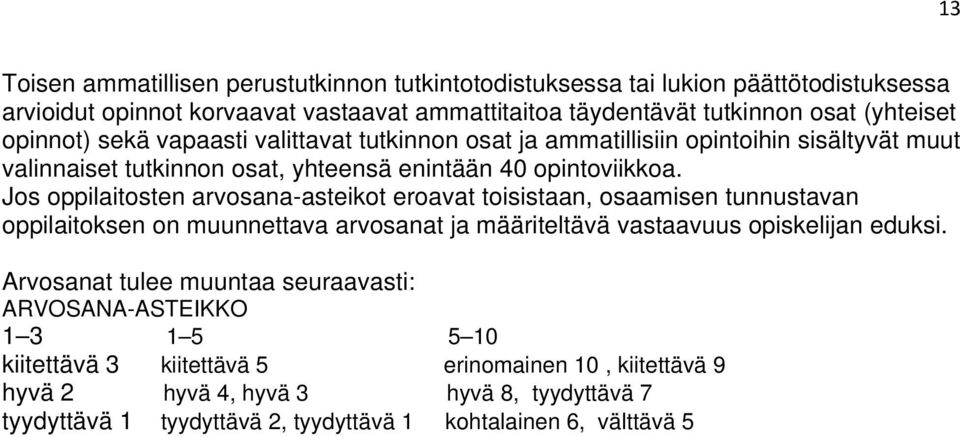 Jos oppilaitosten arvosana-asteikot eroavat toisistaan, osaamisen tunnustavan oppilaitoksen on muunnettava arvosanat ja määriteltävä vastaavuus opiskelijan eduksi.