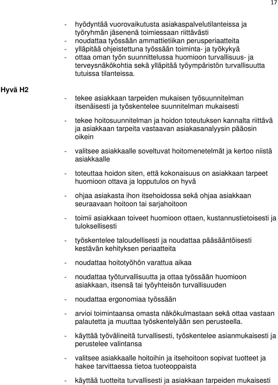 Hyvä H2 tekee asiakkaan tarpeiden mukaisen työsuunnitelman itsenäisesti ja työskentelee suunnitelman mukaisesti tekee hoitosuunnitelman ja hoidon toteutuksen kannalta riittävä ja asiakkaan tarpeita