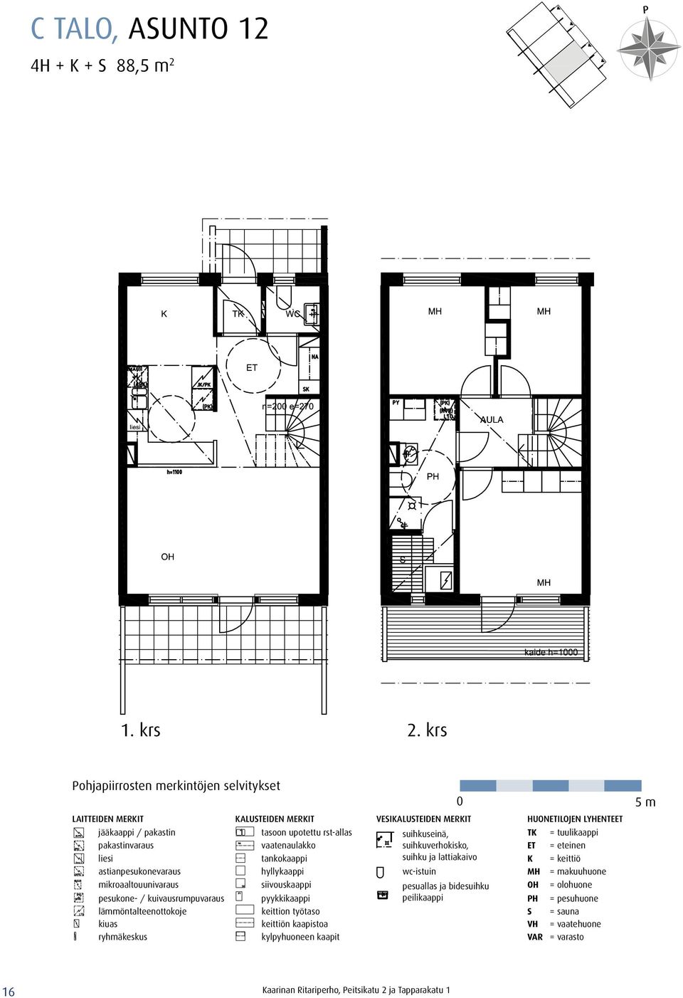 suihkuseinä, TK = tuulikaappi pakastinvaraus vaatenaulakko suihkuverhokisko, ET = eteinen liesi tankokaappi suihku ja lattiakaivo K = keittiö astianpesukonevaraus hyllykaappi wc-istuin MH =