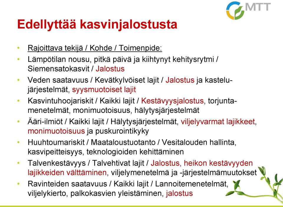 Hälytysjärjestelmät, viljelyvarmat lajikkeet, monimuotoisuus ja puskurointikyky Huuhtoumariskit / Maataloustuotanto / Vesitalouden hallinta, kasvipeitteisyys, teknologioiden kehittäminen