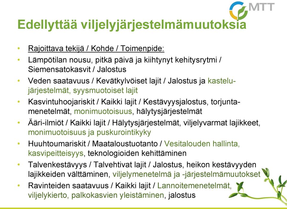 / Hälytysjärjestelmät, viljelyvarmat lajikkeet, monimuotoisuus ja puskurointikyky Huuhtoumariskit / Maataloustuotanto / Vesitalouden hallinta, kasvipeitteisyys, teknologioiden kehittäminen