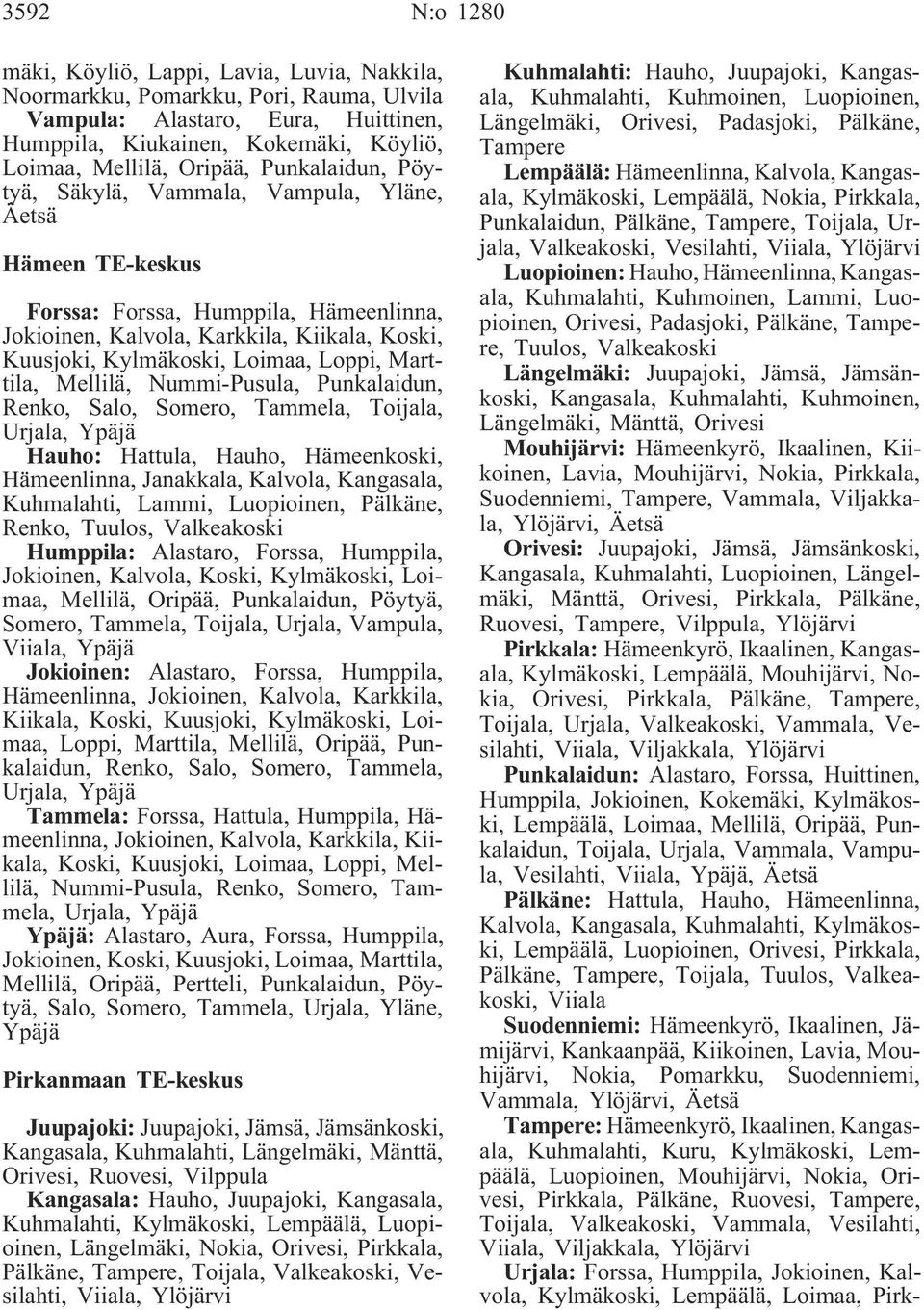 Marttila, Mellilä, Nummi-Pusula, Punkalaidun, Renko, Salo, Somero, Tammela, Toijala, Urjala, Ypäjä Hauho: Hattula, Hauho, Hämeenkoski, Hämeenlinna, Janakkala, Kalvola, Kangasala, Kuhmalahti, Lammi,