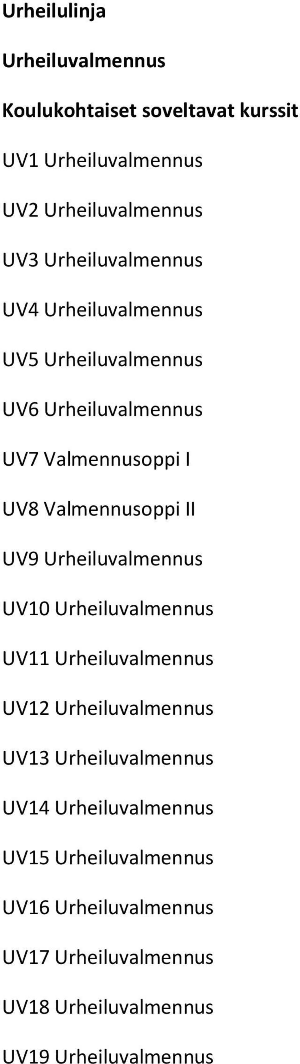 Urheiluvalmennus UV10 Urheiluvalmennus UV11 Urheiluvalmennus UV12 Urheiluvalmennus UV13 Urheiluvalmennus UV14