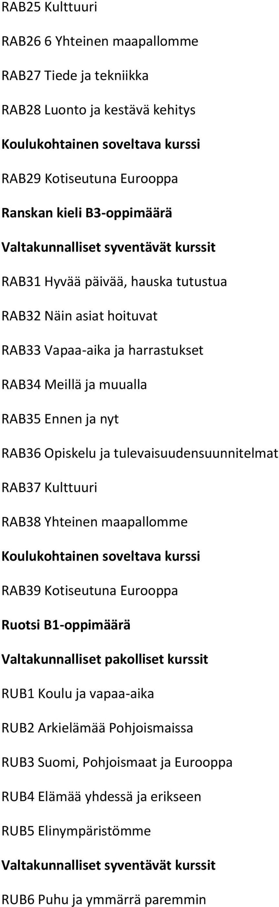 RAB36 Opiskelu ja tulevaisuudensuunnitelmat RAB37 Kulttuuri RAB38 Yhteinen maapallomme Koulukohtainen soveltava kurssi RAB39 Kotiseutuna Eurooppa Ruotsi B1-oppimäärä