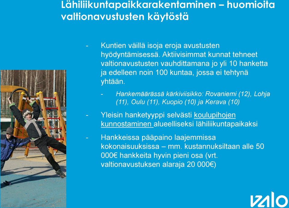 - Hankemäärässä kärkiviisikko: Rovaniemi (12), Lohja (11), Oulu (11), Kuopio (10) ja Kerava (10) - Yleisin hanketyyppi selvästi koulupihojen