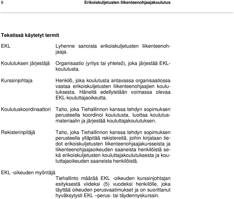 Kurssinjohtaja Henkilö, joka koulutusta antavassa organisaatiossa vastaa erikoiskuljetusten liikenteenohjaajien koulutuksesta. Häneltä edellytetään voimassa olevaa EKL-kouluttajaoikeutta.